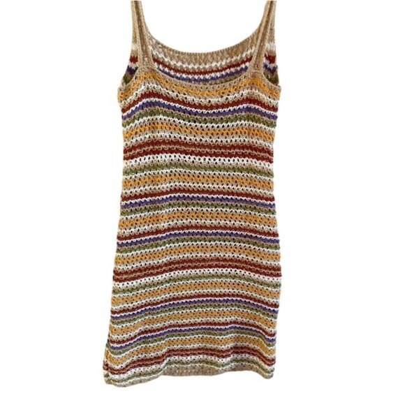 ASOS Pull&Bear Knit Light Brown Strappy Crochet Rainbow Festival Mini Dress- XS - Picture 13 of 14